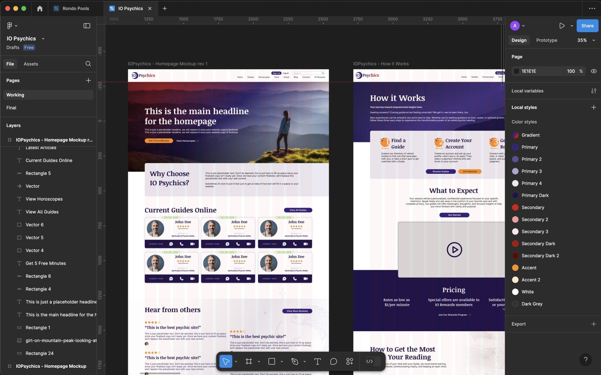 A screenshot of the Figma UI, including a mockup for IO Psychics.